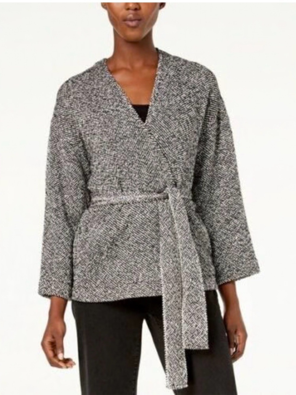 Eileen Fisher Handwoven Peruvian Cotton Wrap-Front Cozy Knit Kimono Jacket NEW